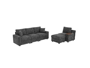 Canapé modulaire d'angle 313x147 cm – gris – ottoman, rangements et table pivotante usbtype-c