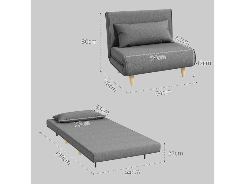 Canapé convertible 1 place avec dossier réglable - 6 positions, assise large, couchage d'appoint, lin gris - Conforama D