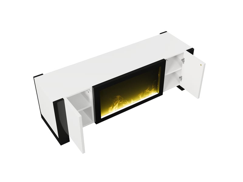 Meuble tv avec cheminée électrique 165 cm blanc brillant et noir effet flamme sans chauffage - Conforama R