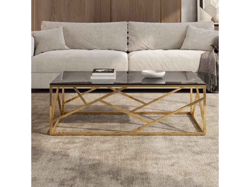 Table basse 120 × 60 × 40 cm avec plateau en verre noir et structure métallique dorée, design géométrique moderne pour salon et espace détente - Conforama D