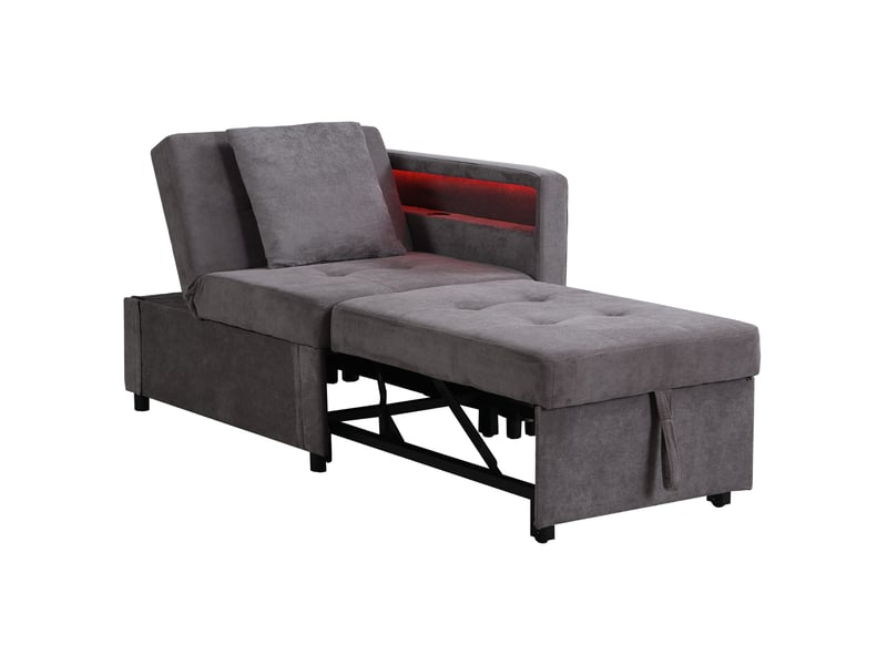 Fauteuil gigogne 177x68x65 cm, design 3-en-1 transformable, led, charge, dossier ajustable, accoudoirs, lin, gris foncé - Conforama A