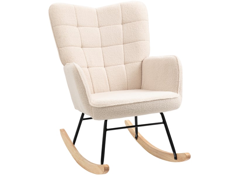  Fauteuil à bascule 71x98x101 cm, dossier haut capitonné, accoudoirs, polaire berbère en polyester, beige  - Conforama A