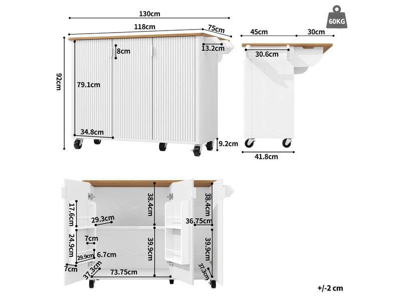  Île de cuisine sur roulettes, buffet 3 portes, plan de travail extensible, rangement ajustable et porte-serviettes  - Conforama C