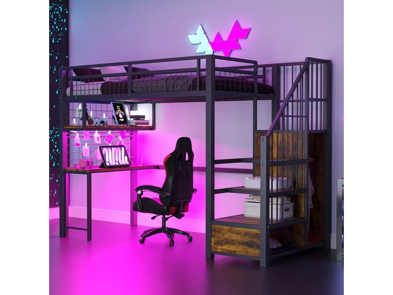  Lit mezzanine 90 x 200 cm, bande lumineuse, prise, échelle rangement, penderie, étagères, bureau, métal, noir  - Conforama B