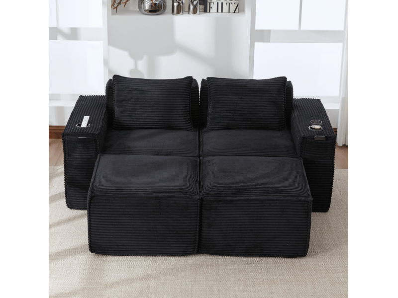  Canapé 2 places avec 2 poufs 188x162x75 cm en velours côtelé noir  - Conforama B