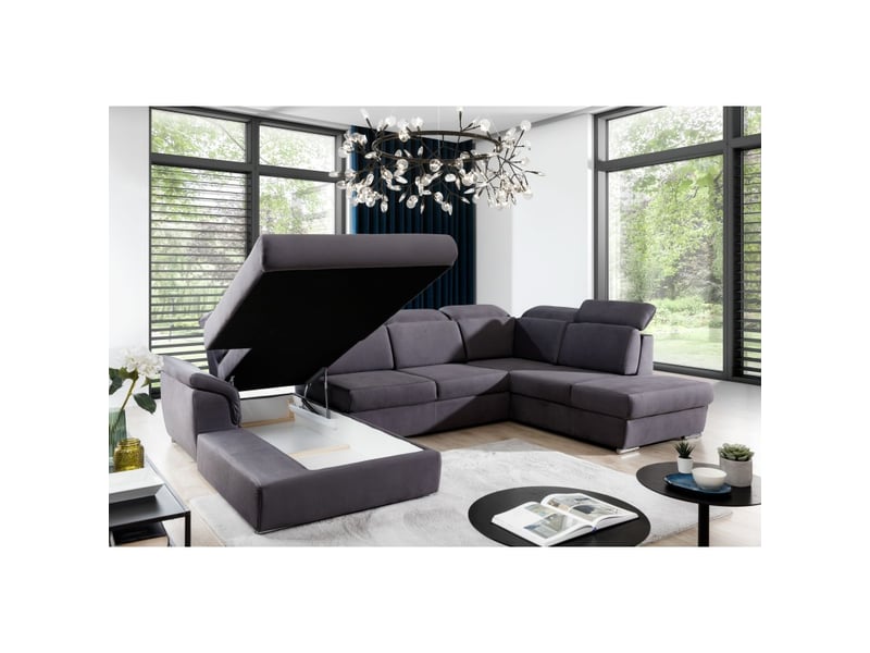 Canapé panoramique convertible majesta 5 places gris – angle gauche avec coffre - Conforama B