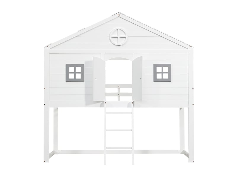 Lit mezzanine 90x200 cm, lit enfant avec escalier et barrière de sécurité, en bois de pin massif et mdf style scandinave, blanc et gris - Conforama D