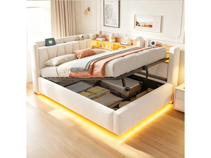  Lit banquette coffre 140x200cm avec rangement hydraulique, led, usb, dossier et accoudoir rembourrés, velours beige, lit double moderne pour chambre  - Conforama C