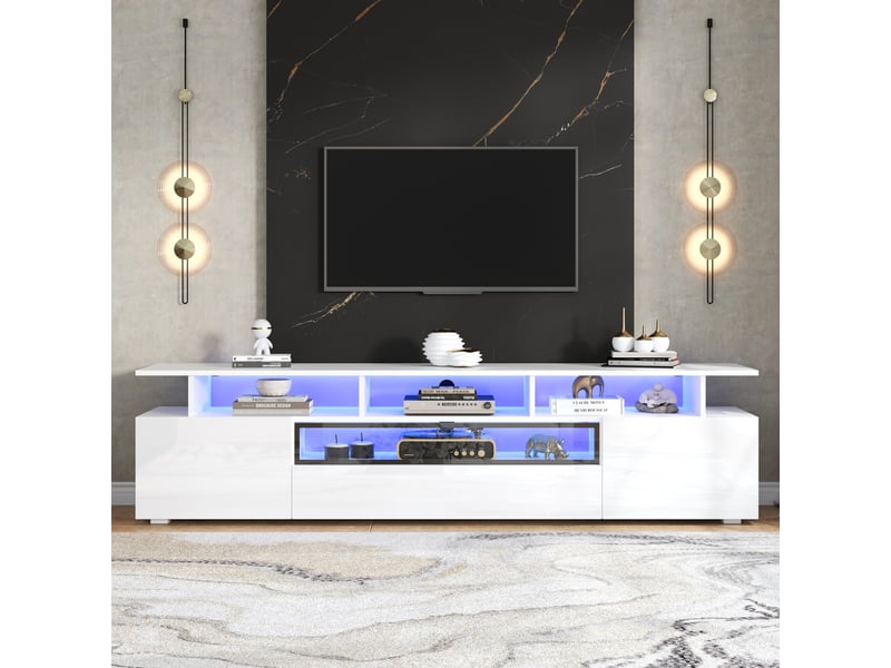  Meuble tv 180x38x45cm, lowboard avec led et 10 étagères, meuble tv haut brillance avec 2 armoires et 1 tiroir, meuble de salon  - Conforama A