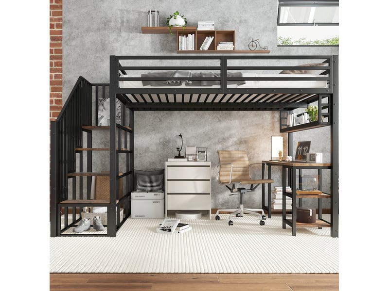 Lit mezzanine en métal 120x200 cm avec bureau, étagères et escalier, noir - Conforama D