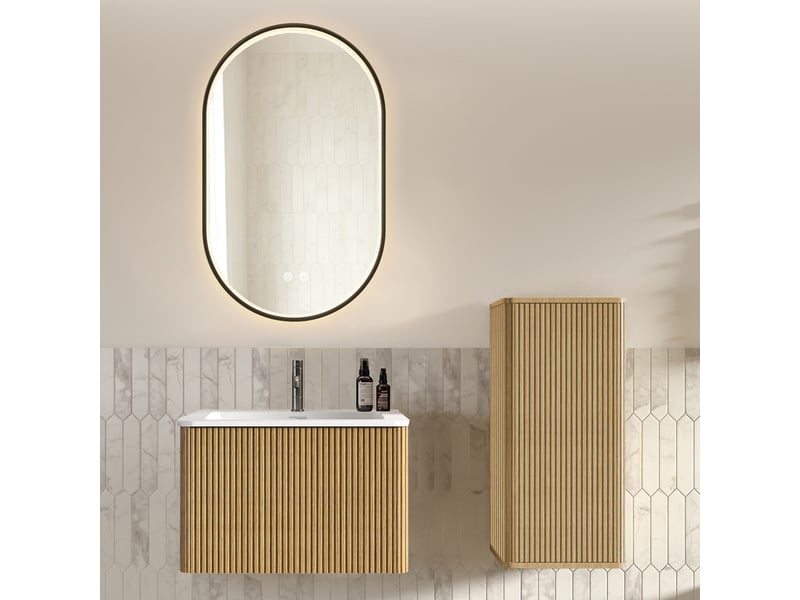  Meuble de salle de bain suspendu avec vasque et miroir led antibuée - lpospi - colonne de rangement, mdf et verre chêne  - Conforama C