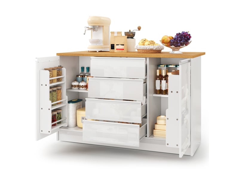 Îlot de cuisine 140 cm avec plan de travail rabattable, plateau aspect bois et façades blanc brillant, meuble de rangement moderne - Conforama A