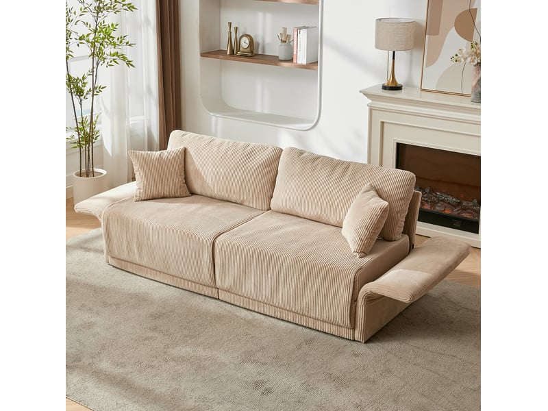  Canapé convertible 2 places à couchage occasionnel avec coussins en velours côtelé beige, 202 × 84 × 62 cm  - Conforama D