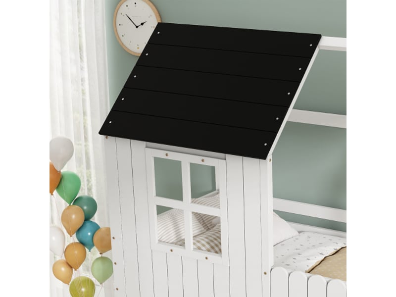  Lit mezzanine enfant 90x200 en pin et mdf blancnoir avec maisonnette fenêtre échelle 3 marches et garde-corps sécurisé  - Conforama D