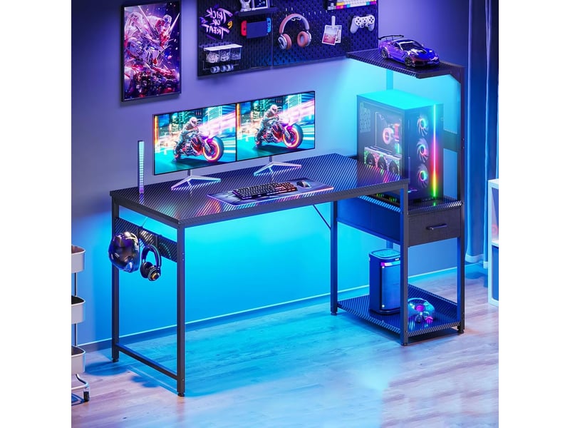  Bureau gaming avec led 138 x 48 cm, table pour pc avec tiroirs et étagère de rangement  - Conforama B