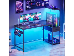 Bureau gaming avec led 138 x 48 cm, table pour pc avec tiroirs et étagère de rangement