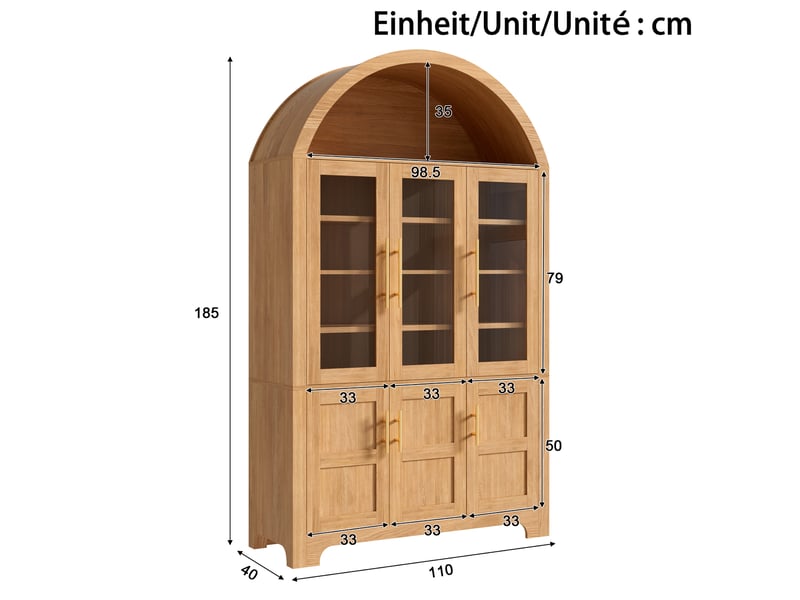  Buffet haut 6 portes 110x40x185 cm avec niche arquée, coloris naturel  - Conforama C