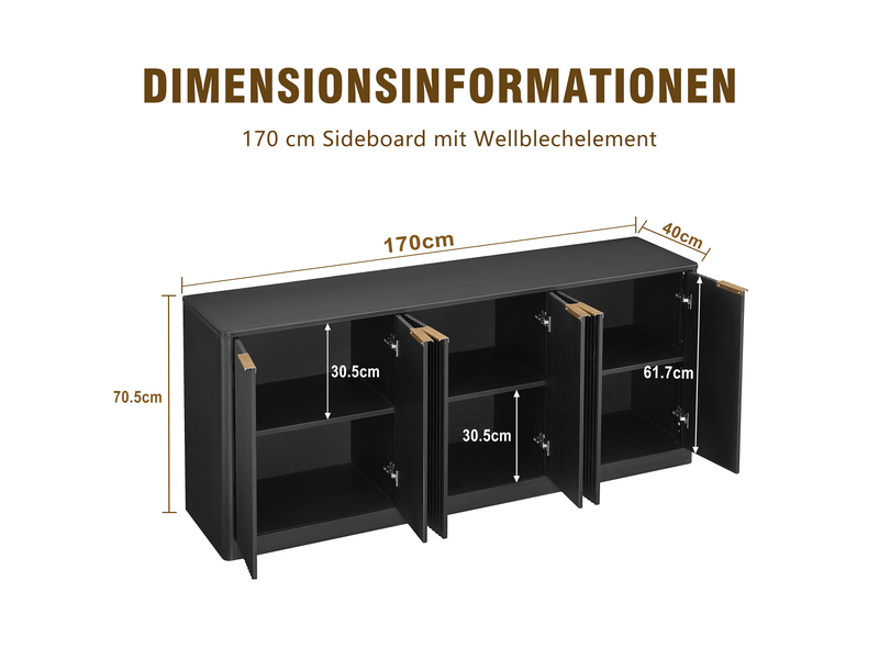  Buffet modèle wave 170 cm, noir, 6 portes, design ondulé, meuble rangement moderne 170x40x70,5 cm  - Conforama C