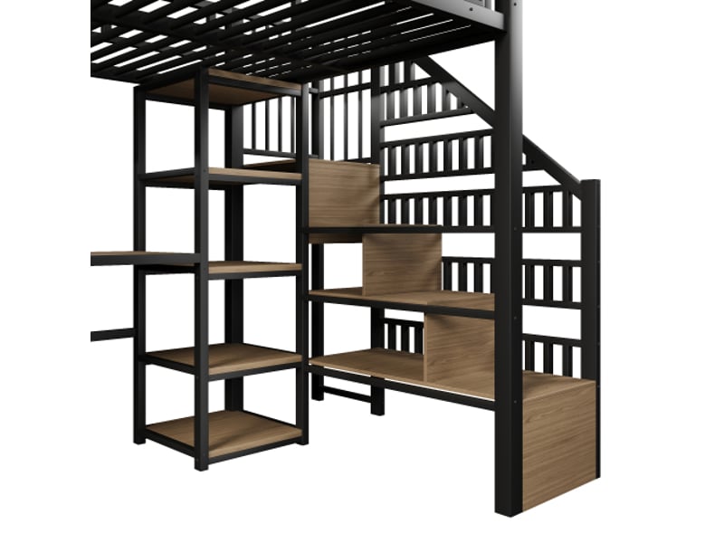  Lit mezzanine 140x200 cm métal noir – bureau intégré, étagère, échelle de rangement, led et usb – sans matelas  - Conforama E