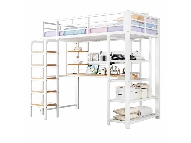 Lit mezzanine simple 90×200 cm avec bureau et led - okmyhome- prises, étagères et échelle, sans matelas, métal blanc - Conforama A