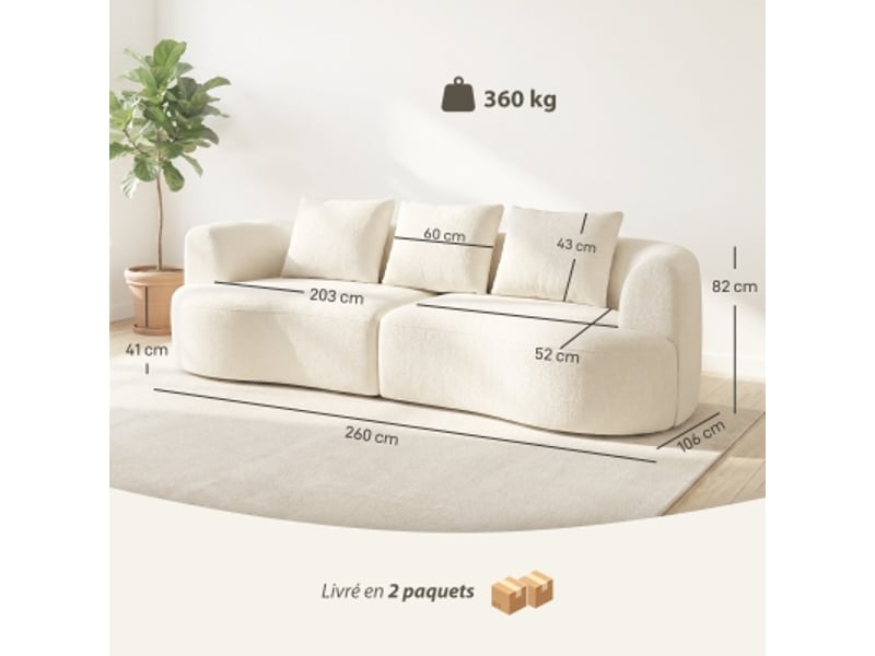  Canapé 3 places en chenille 260 cm, canapé salon, assise large, 3 coussins, pas de montage nécessaire, crème  - Conforama E