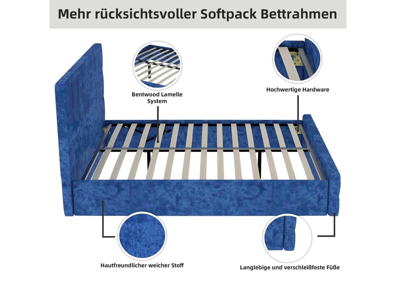  Lit rangement 160 x 200 cm tête de lit velours lit double rangement intégré velours bleu tête de lit rembourrée design moderne  - Conforama E