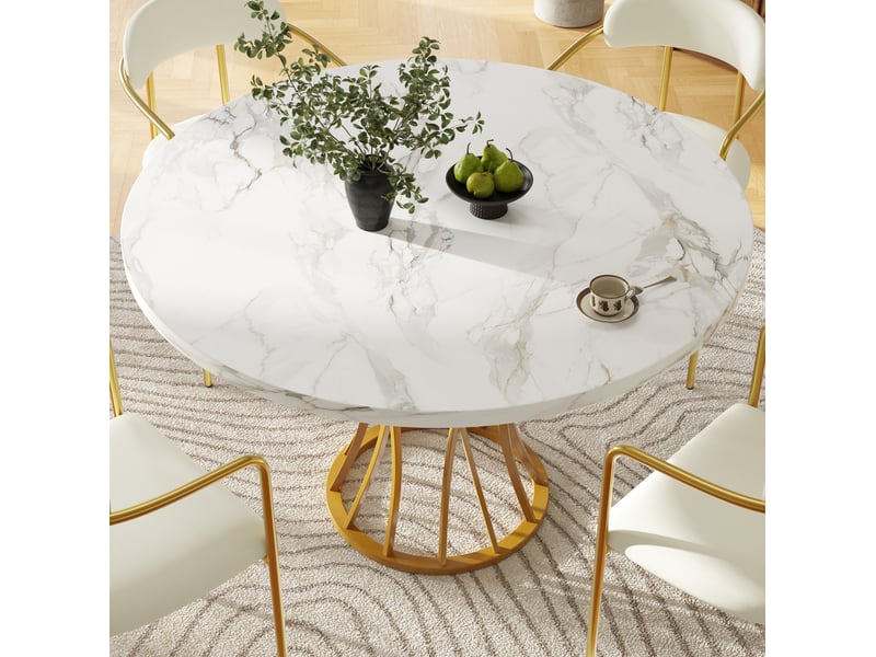  Table à manger ronde 80 x 80 x 76 cm, plateau mdf marbré, piètement doré  - Conforama D