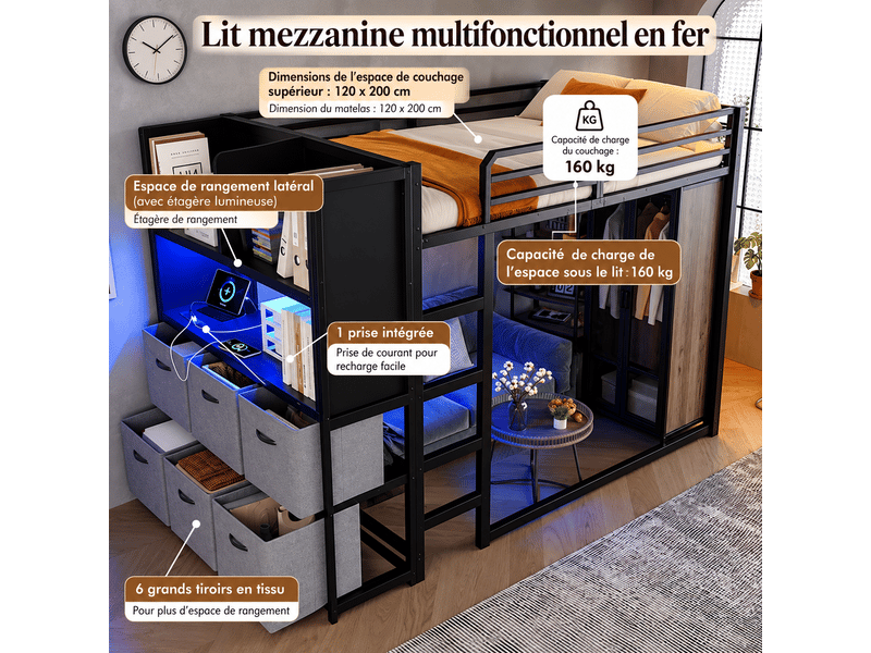  Lit mezzanine métallique noir 120x200, échelle, rangement latéral, tiroirs en tissu, étagère ouverte, éclairage et usb  - Conforama D