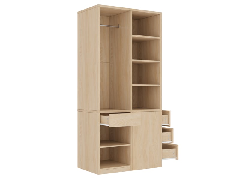  Armoire penderie 70 x 50 x 170 cm couleur bois, mdf, 3 tiroirs, étagères ouvertes et tringle en métal  - Conforama E