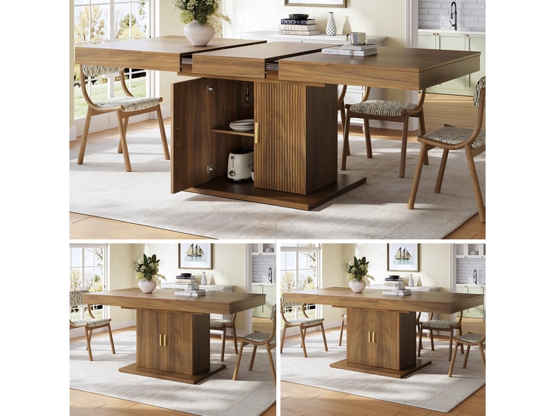  Table à manger extensible 140-180x90x75 cm table à manger 6 à 8 personnes rectangulaire en bois avec rangement, noyer  - Conforama R