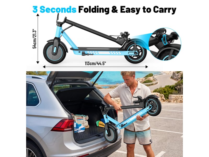  Trottinette électrique hiqis d9, pneus alvéolés 10, application intelligente, bleu  - Conforama E