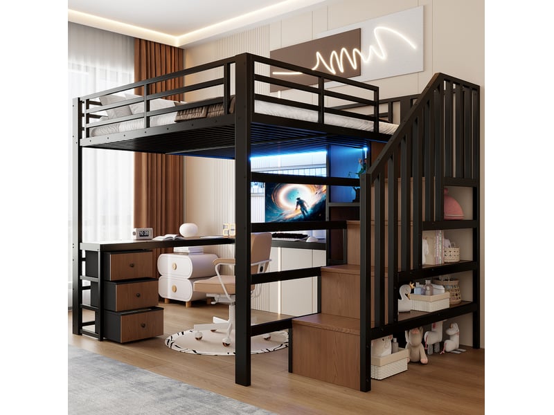  Lit mezzanine enfant 140x200 cm avec bureau, rangements et led noir  - Conforama E