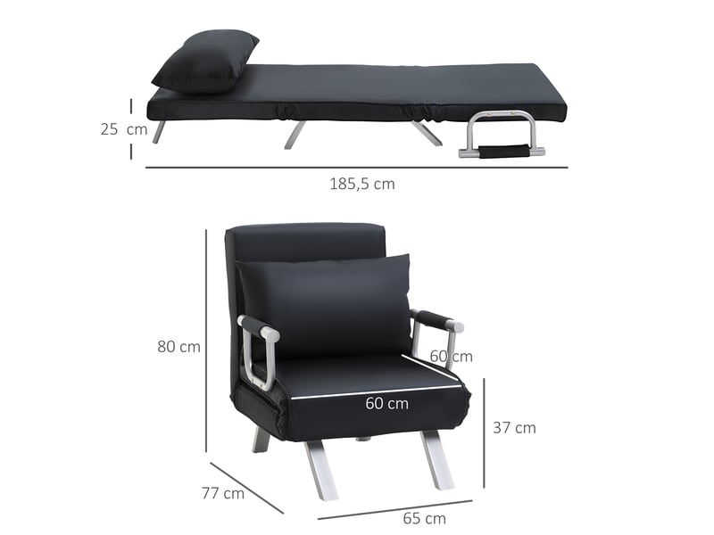  Fauteuil convertible 1 place avec dossier réglable et coussin noir 65 x 69 x 80 cm  - Conforama C