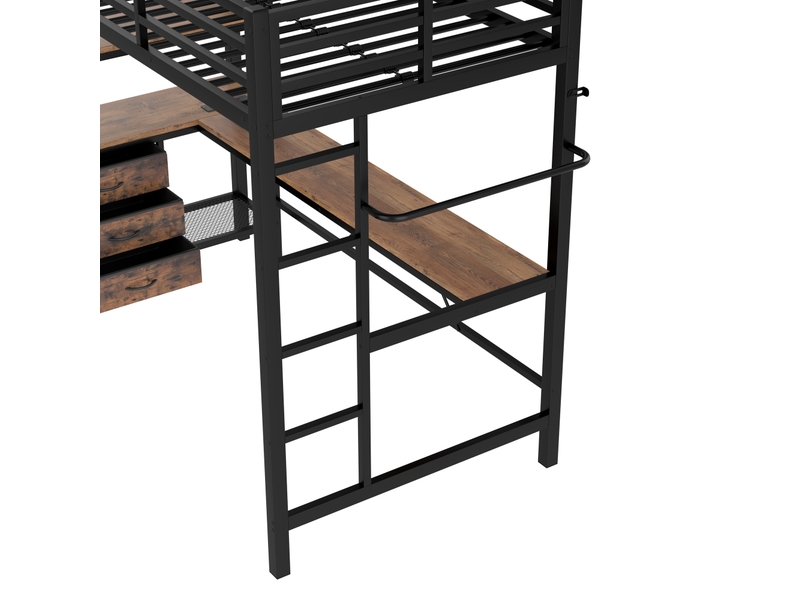  Lit mezzanine 200×90 cm avec bureau, 3 tiroirs, éclairage led, prise et port usb, sans matelas, noir  - Conforama E