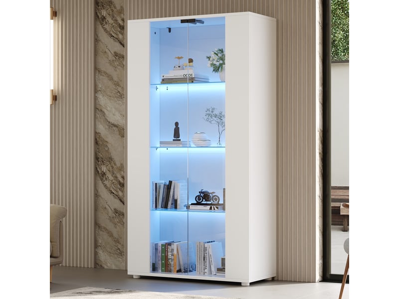  Vitrine d'exposition - 80x36x150cm - meuble vitrine avec 2 portes en verre, led rgb connectée &amp; 4 niveaux - blanc  - Conforama B