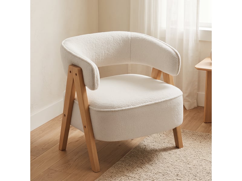  Fauteuil de salon, chaise rembourrée, tissu bouclette, 70x64x71cm, blanc  - Conforama C