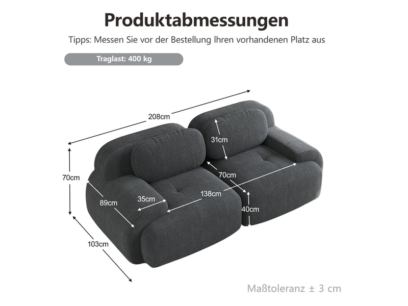  Canapé 2 places 208x103x70 cm modulaire en tissu corduroy gris  - Conforama D