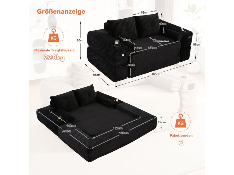  Canapé convertible 2 places 180x98x80 cm, coussin d'assise mémoire de forme, coussins décoratifs, velours côtelé, noir  - Conforama C
