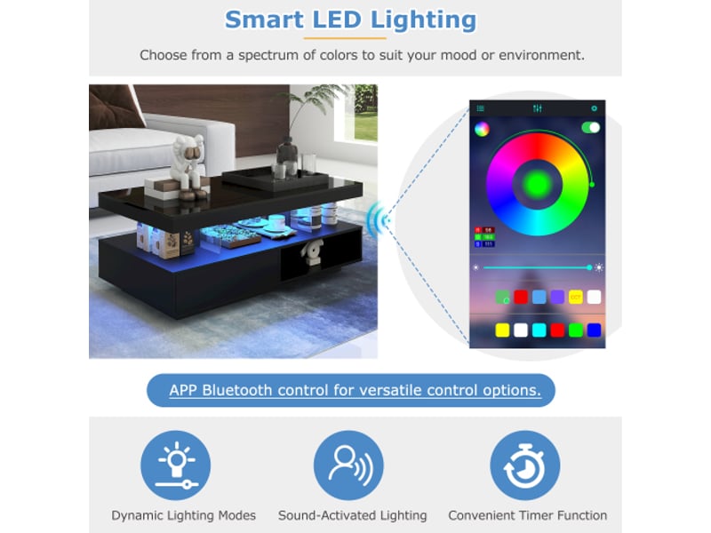  Table basse brillante en panneaux de particules avec lumière led,4 plateaux en verre,2 tiroirs et 2 compartiments ouverts,noir table basse noir - Conforama D