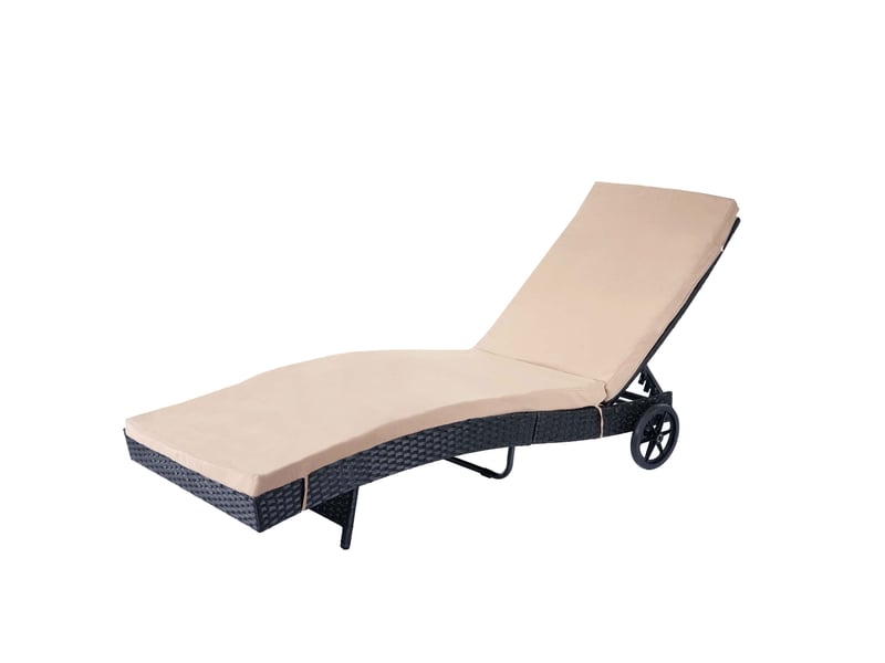 Chaise longue transat bain de soleil pour jardin terrasse en poly-rotin anthracite coussin beige 04_0004934 - Conforama A