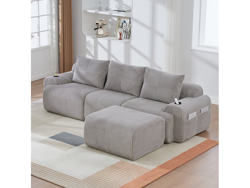  Canapé modulaire 3 places poufs inclus 268x174x80 cm, porte-gobelet, poche de côté, velours côtelé gris clair  - Conforama E