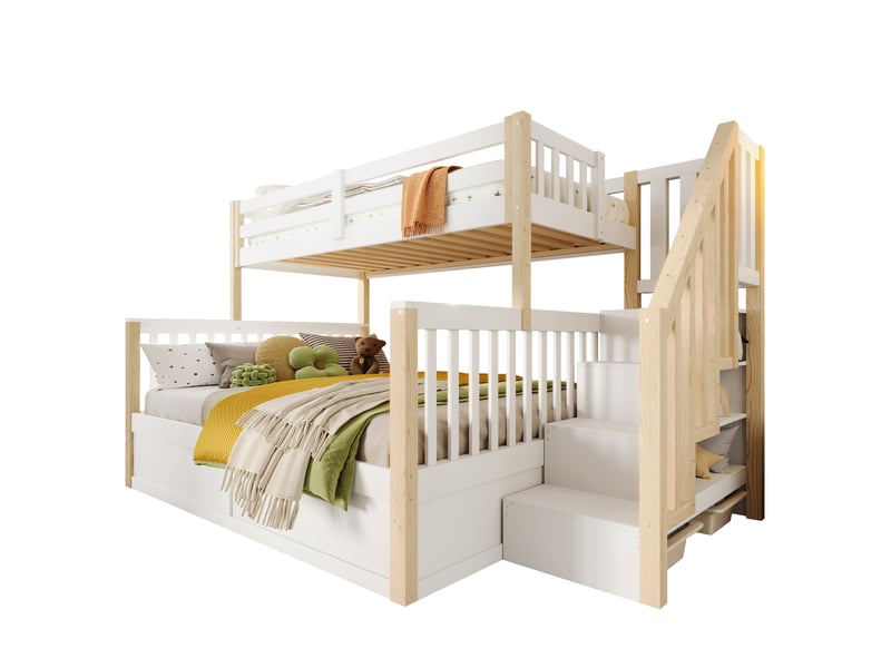 Lit superposé enfant 90×200 cm et 140×200 cm, coffre hydraulique et escalier - sans matelas, blanc naturel - Conforama A