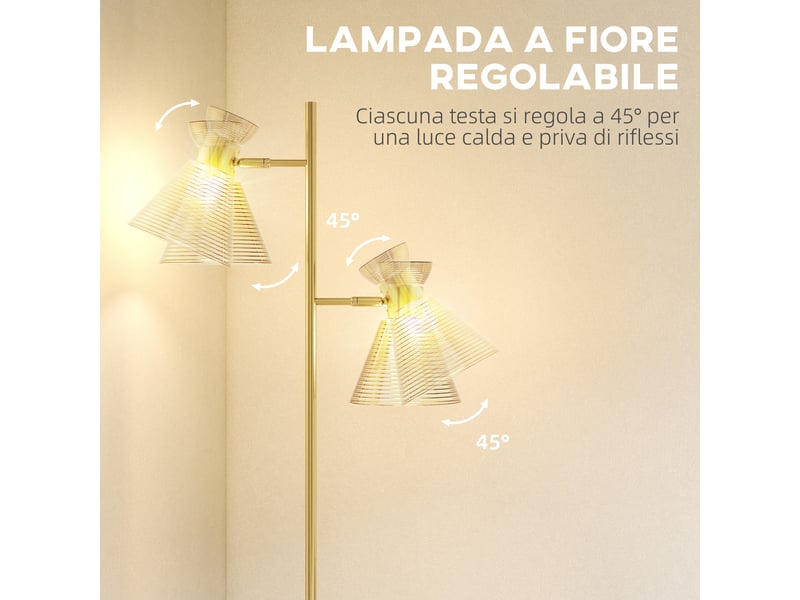  Lampadaire doré à 2 lumières réglables, abat-jour en verre et interrupteur à pédale pour salon  - Conforama D