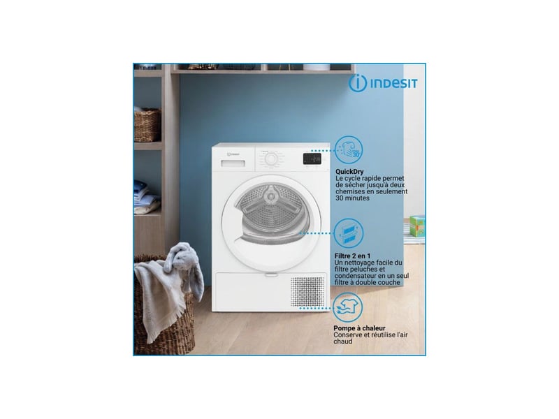  Sèche linge pompe à chaleur 8 kg l60cm classe d blanc inox quickdry IND8050147726822 - Conforama C