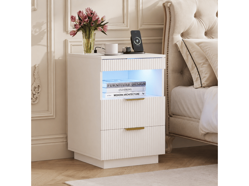 Table de chevet 40x40x60 cm, table de nuit avec station de charge usb c et led rgb, compartiment caché, avec 2 tiroirs et niche de rangement, blanc - Conforama C