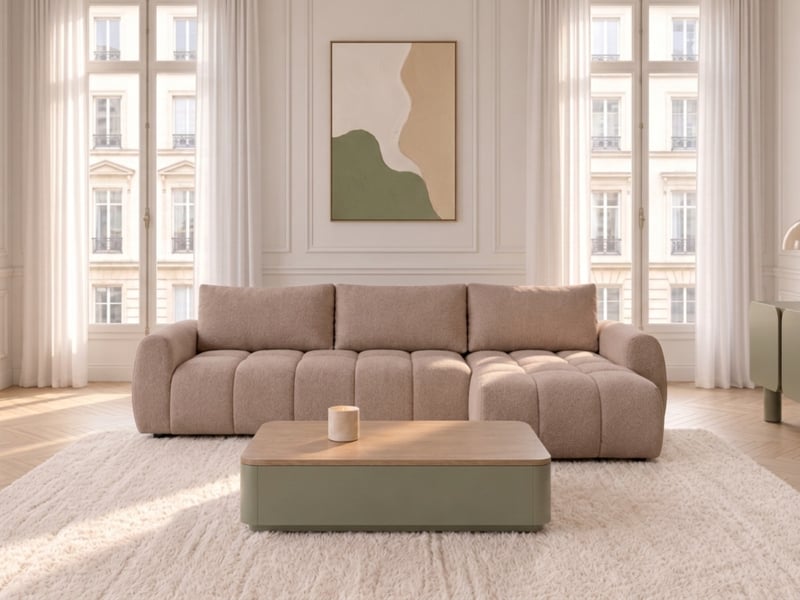  Bobochic canapé d'angle réversible convertible coffre fuji ouverture express tissu chiné rose  réversible FUJI - Conforama C