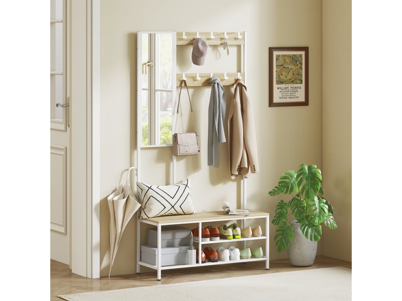  Porte-manteau avec miroir, 3 étagères, banc, 10 crochets réglables, style moderne pour entrée, 98 x 34 x 186 cm, naturel  - Conforama C