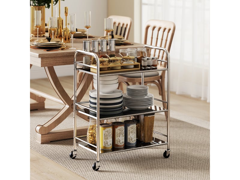  Desserte cuisine, chariot de service à 3 niveaux en acier inoxydable 201 avec poignées, roues, 60 x 35 x 77 cm, argenté  - Conforama A