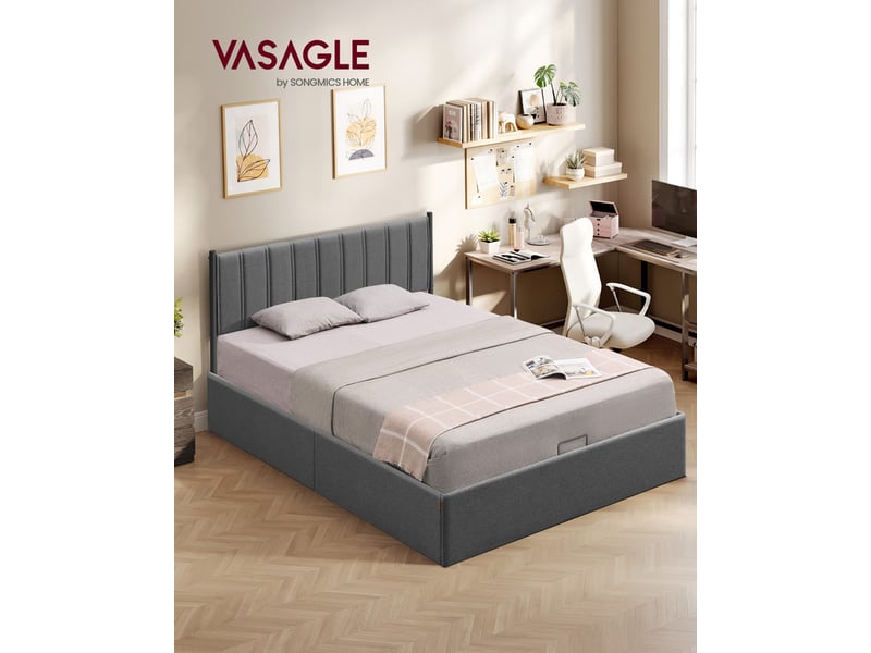 Lit coffre double 140x190 cm - Avec sommier à lattes et tête de lit - en PU Blanc (sans matelas