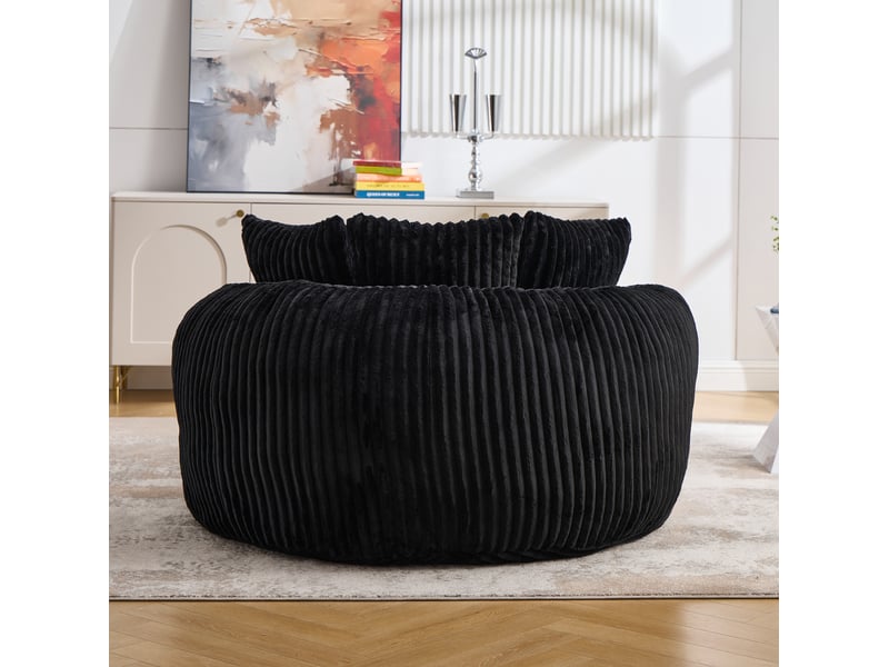  Fauteuil de lecture modenvie rond sans pieds avec repose-pieds, 5 coussins, tissu chenille noir, 168 x 123 x 63 cm  - Conforama D